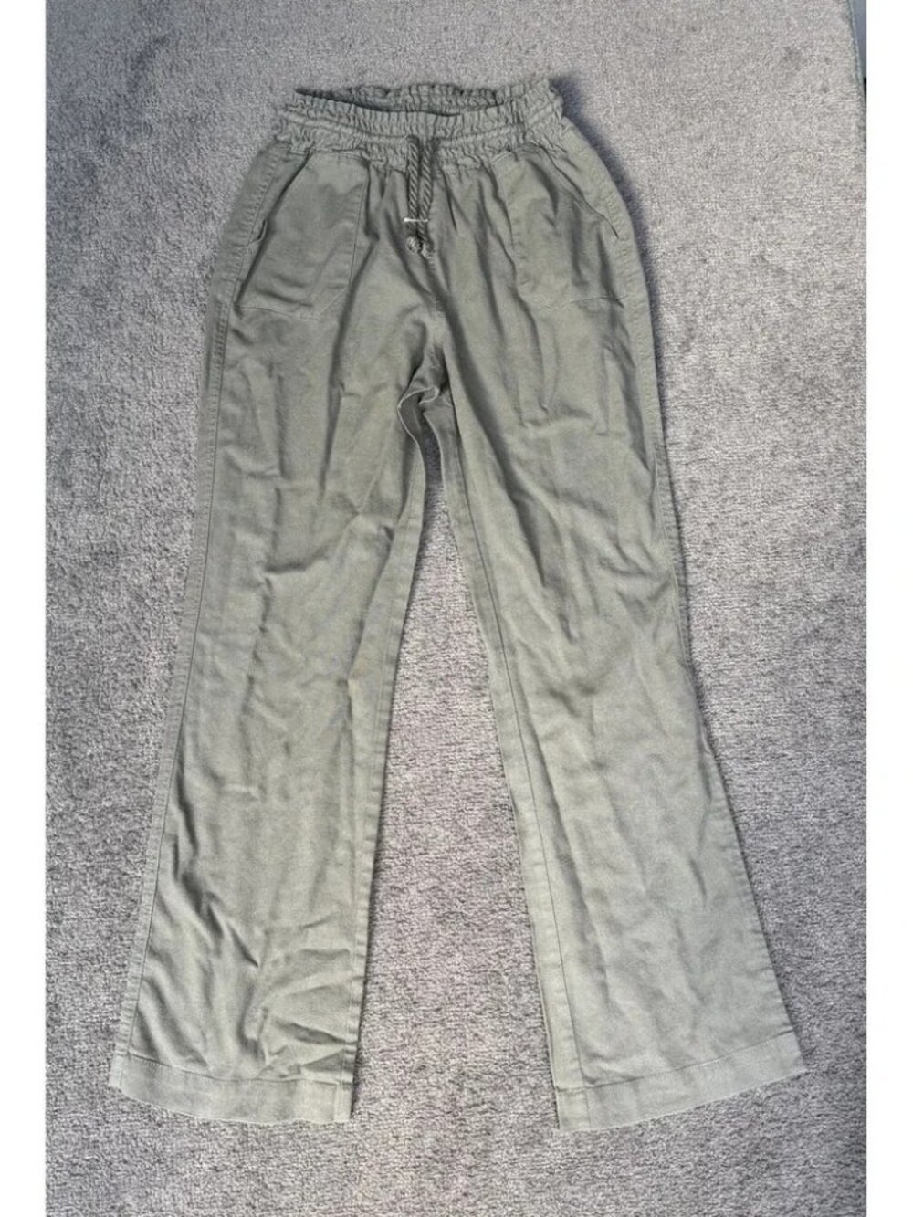 Sono Olive Green Linen Blend Smocked High Waist Straight Leg Pants XS LP13
